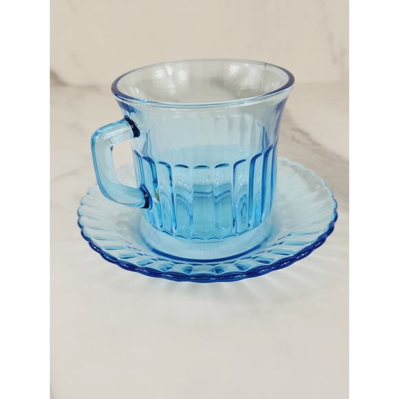 Fortecrisa Azure Ice Blue Glass Tea Cup Saucer 70's Interior Ribbed 5" Mexico x2 - Picture 4 of 13